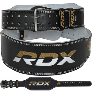 RDX 6 Inch Leather Weightlifting Belt, Gold and Black.