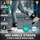 Woman wearing black pair A4 Ankle Straps Gym Cable Machine pair and the benefits of use listed.