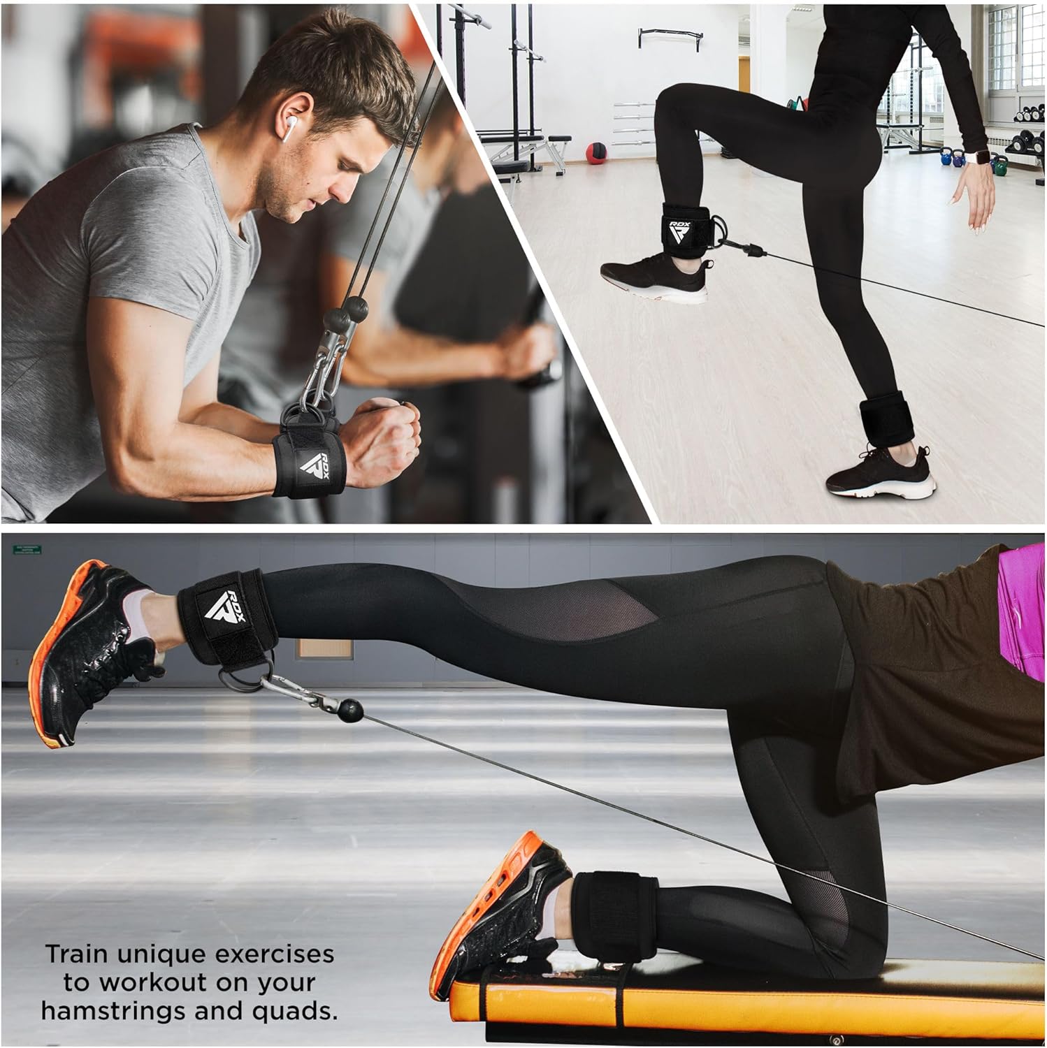 Various images of a man and women wearing the RDX A4 Ankle straps showing the ways they can be used.