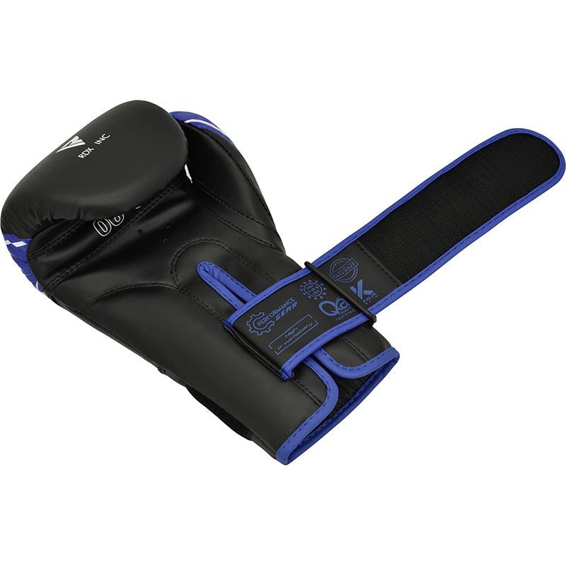 1 x RDX Kids 4B Robo Black and Blue boxing glove. Palm side, showing velcro closing