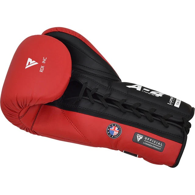 RDX APEX Training/Sparring Boxing Gloves Red, Palm side, lace closure.