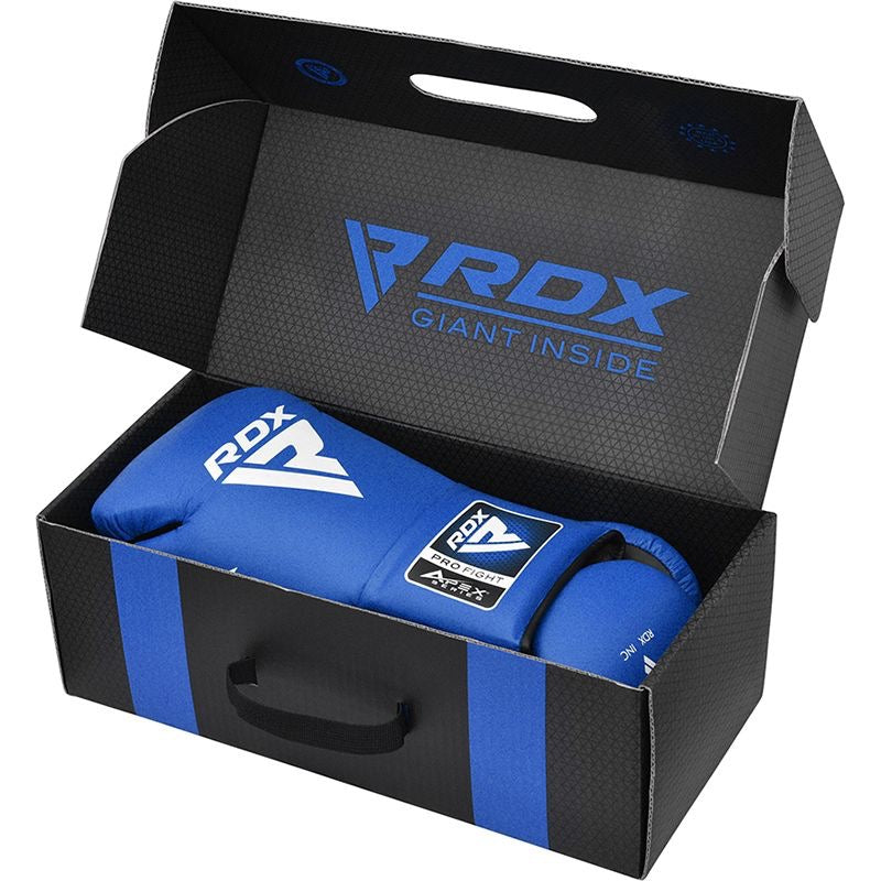 RDX APEX Boxing Gloves Blue. Boxed, open.