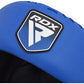 RDX Apex Boxing Head Gear With Cheek Protector, Blue. RDX LOGO close up.