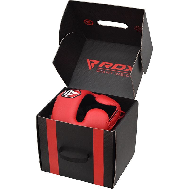 RDX Apex Boxing Head Gear With Cheek Protector, Red. Boxed, open.