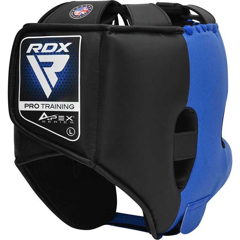 RDX Apex Boxing Head Gear with Nose Guard Blue. Rear of head guard.