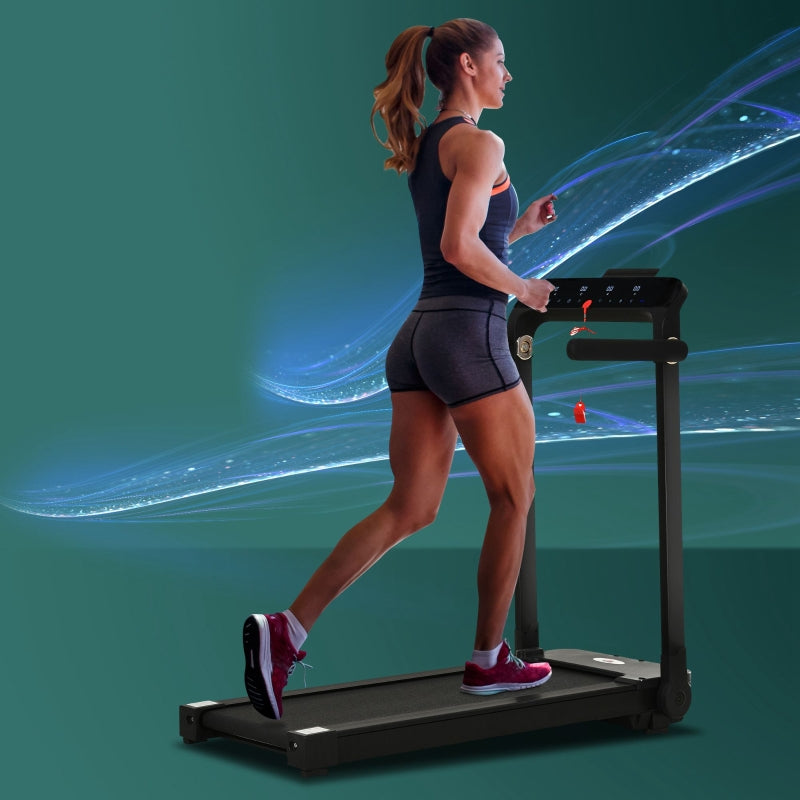 a black homcom 600 watt foldable treadmill used for cardio training