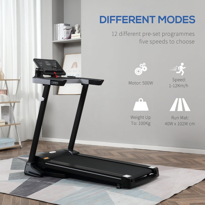 HOMCOM Folding Treadmill, Motorised Running Machine LCD Display 500W 1-12 KPH