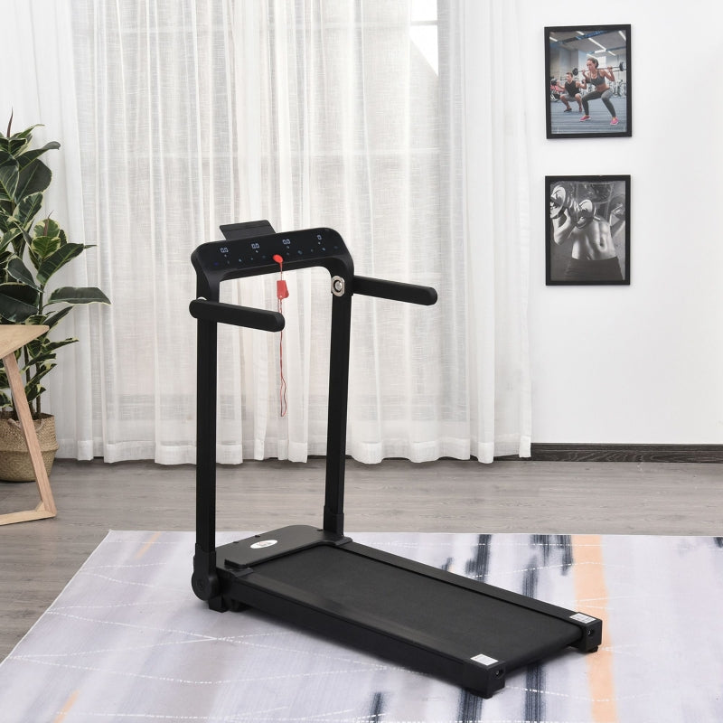 a black homcom 600 watt foldable treadmill used for cardio training